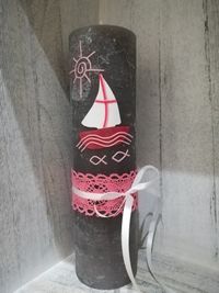 taufkerze grau rustical vintage boot wei&szlig; pink
